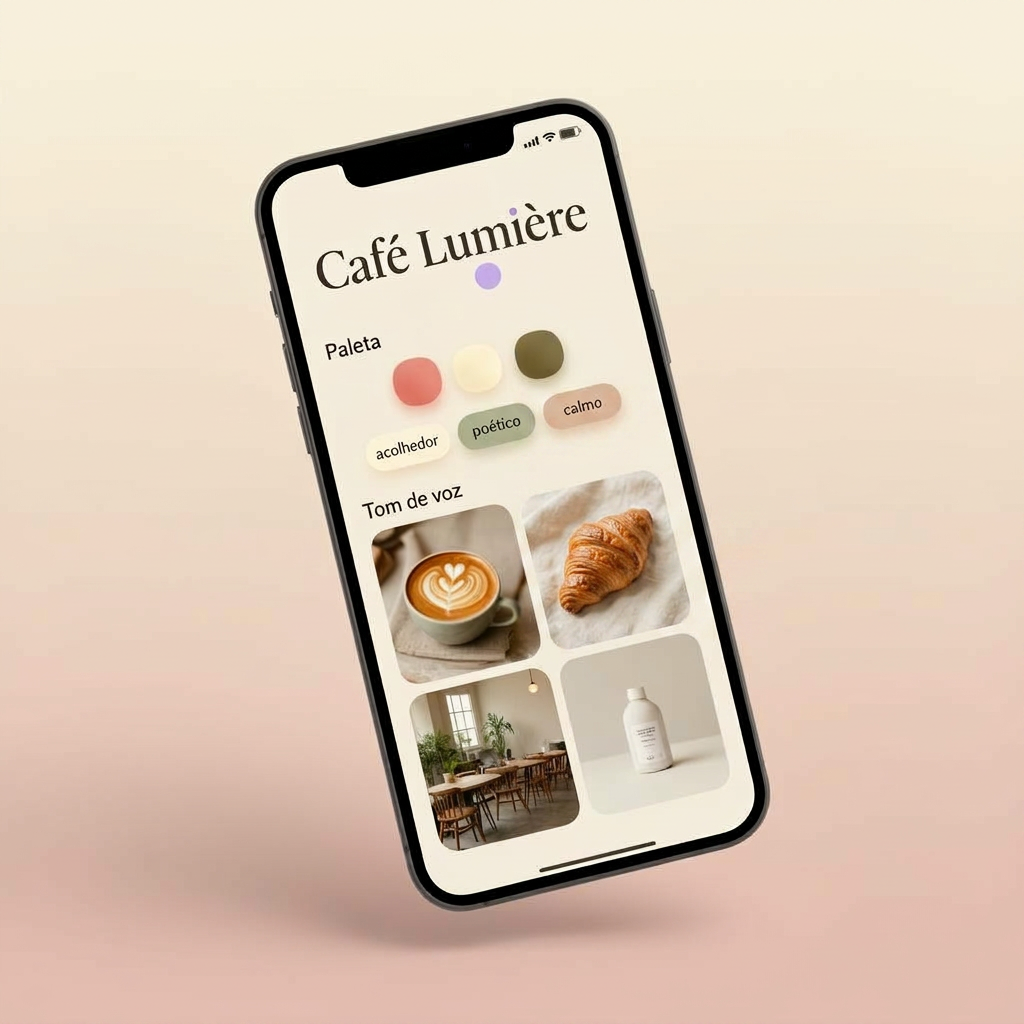 Exemplo de conta de conteúdo no UNI: paleta, tom de voz e grid de posts da marca Café Lumière